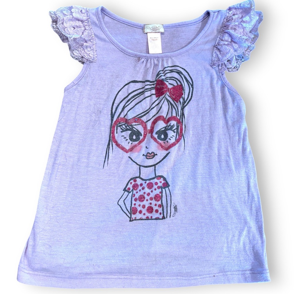 Spoiled Angels‎ Girls Purple Lace Ruffle Sleeve Graphic T-Shirt Pink Glitter 4T